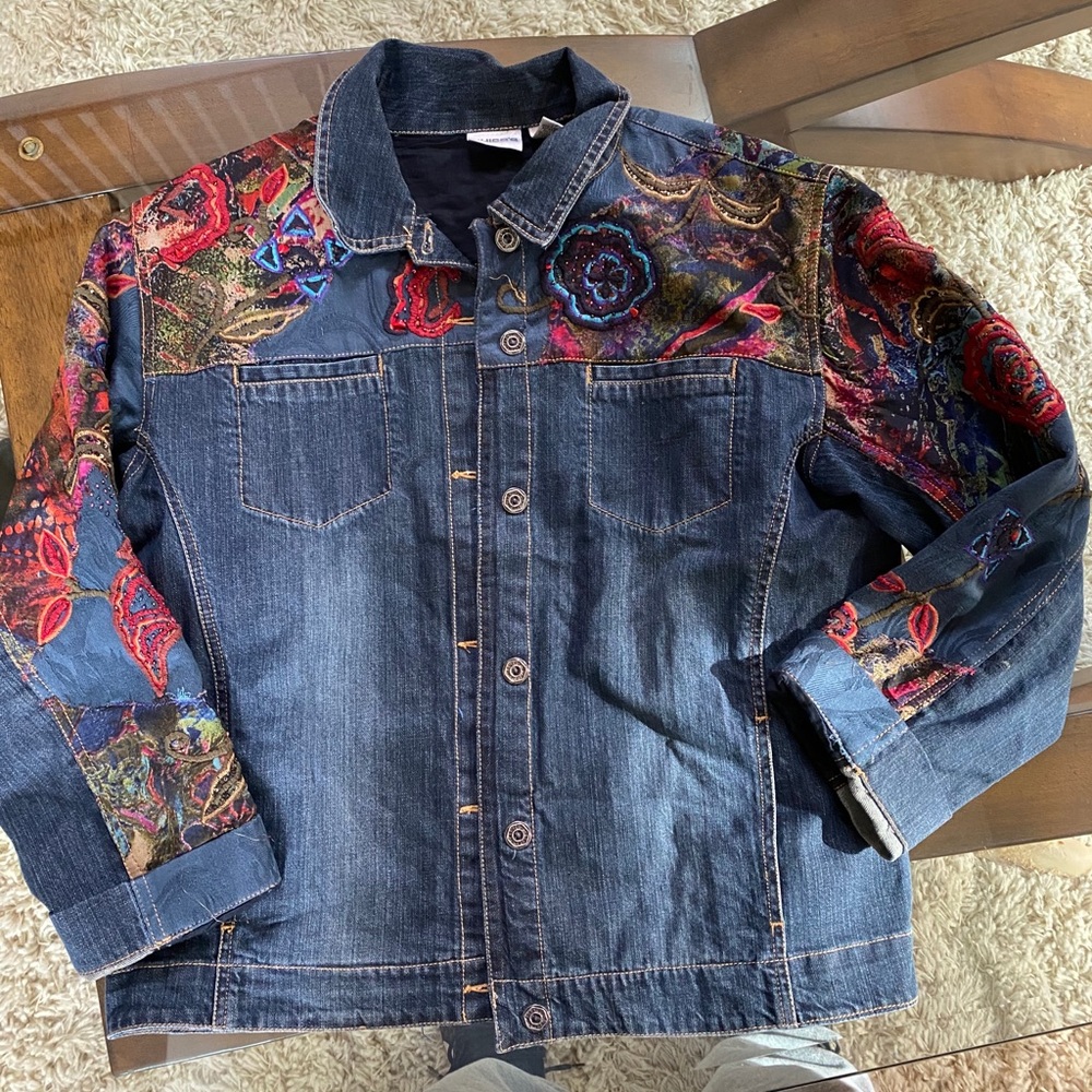 Chico’s embroidered floral jean jacket